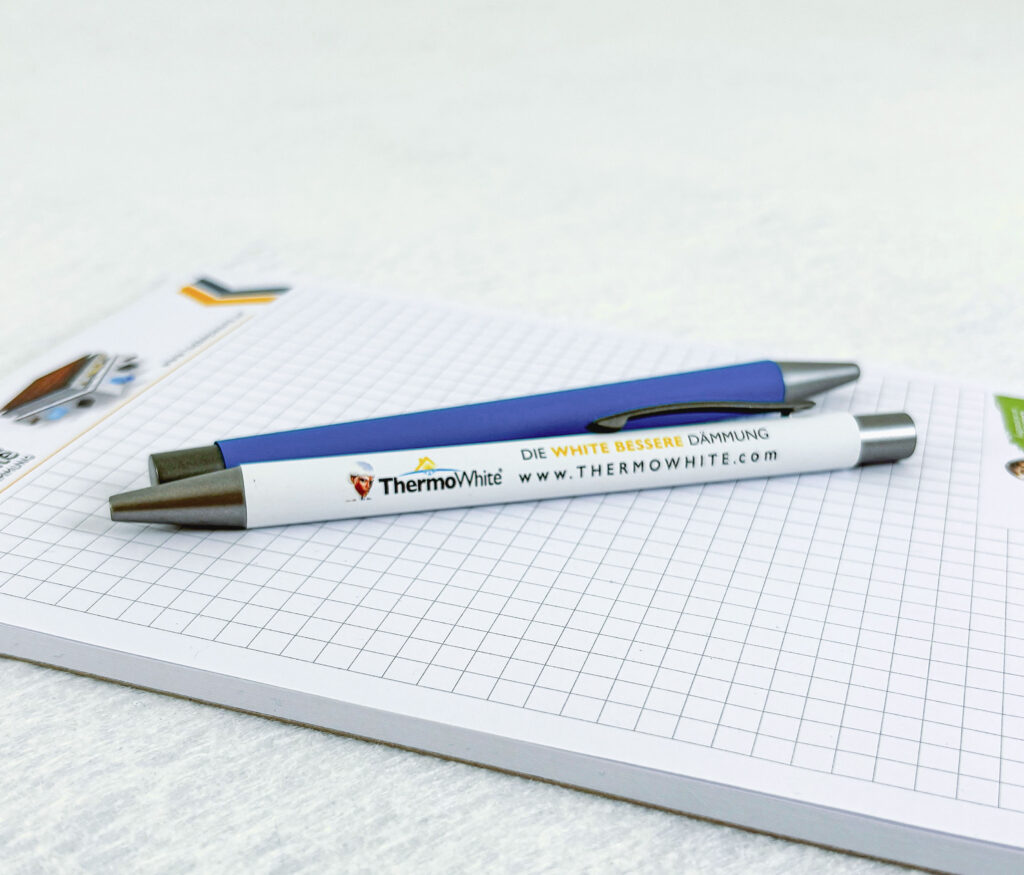 Thermowhite Kugelschreiber blau oder weiß mit Logodruck